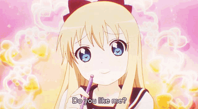 a girl with blonde hair and blue eyes is holding a pen and asking do you like me