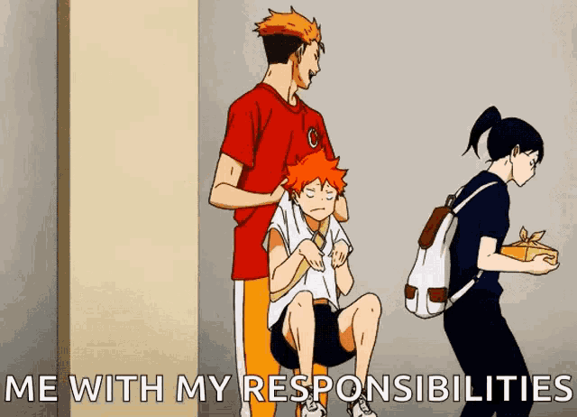 a group of anime characters are standing next to each other and one of them is sitting down .