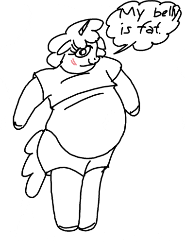 a drawing of a woman with a speech bubble that says `` my belly is fat ''