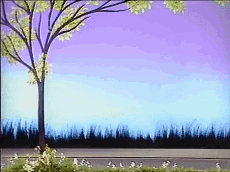 a painting of a tree and grass with a purple sky in the background