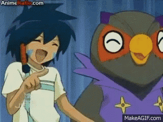 a cartoon of a boy pointing at an owl with makeagif.com written in the corner