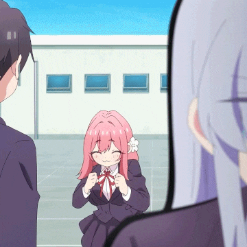 a girl with pink hair and a flower in her hair stands in front of a white building