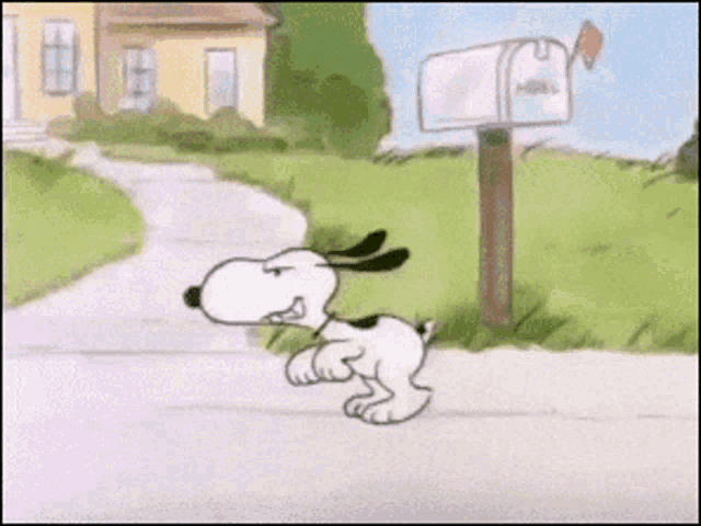 a cartoon of snoopy running on a sidewalk