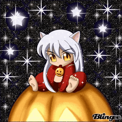 a little girl is sitting on top of a pumpkin with a pumpkin on her chest .