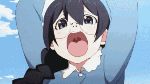 the girl is wearing glasses and a blue jacket and is making a funny face .
