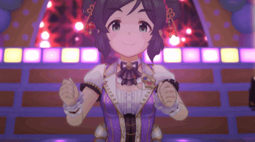 a girl with purple hair and a purple dress is dancing