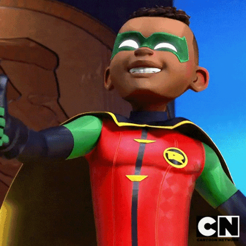 a cartoon character from cn is wearing a red and green superhero outfit