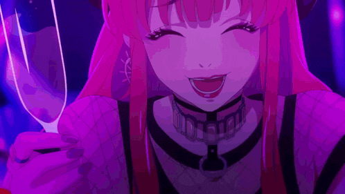 a girl with pink hair is holding a wine glass