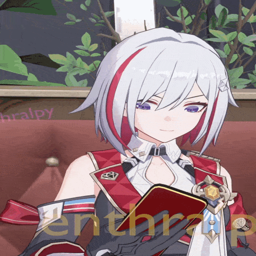 a girl with white hair and red stripes sits in front of a sign that says " bralpy " on it