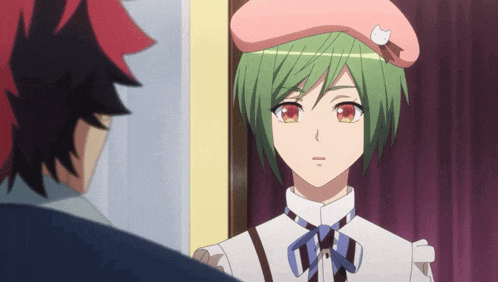 a girl with green hair wearing a pink beret