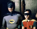 a man in a batman costume and a man in a robin costume are posing for a picture .