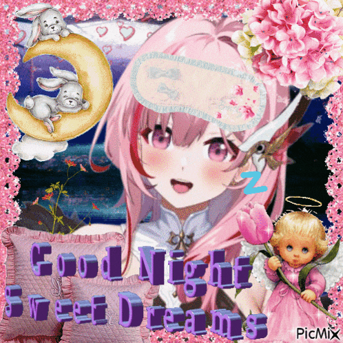a picture of a girl wearing a sleep mask with the words good night sweet dreams written on it
