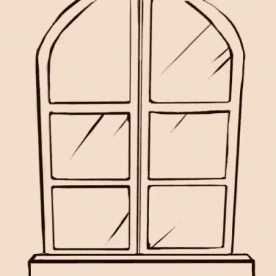a cartoon of a man with a beard looking out of a window and waving .