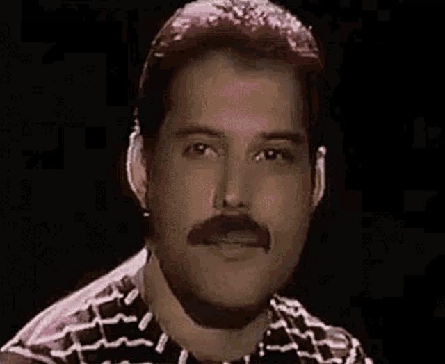 a close up of a man with a mustache and pink hair .