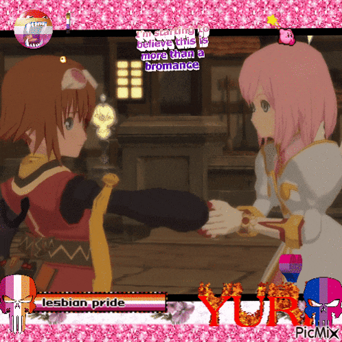 a picture of two anime girls with the words lesbian pride on the bottom right