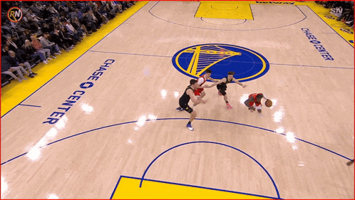 a basketball court with chase center written on the floor