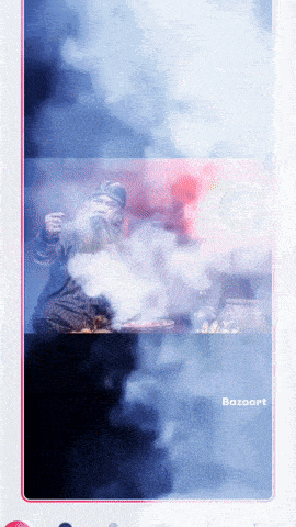a picture of a man with smoke coming out of his mouth and the word bazaart on the bottom right