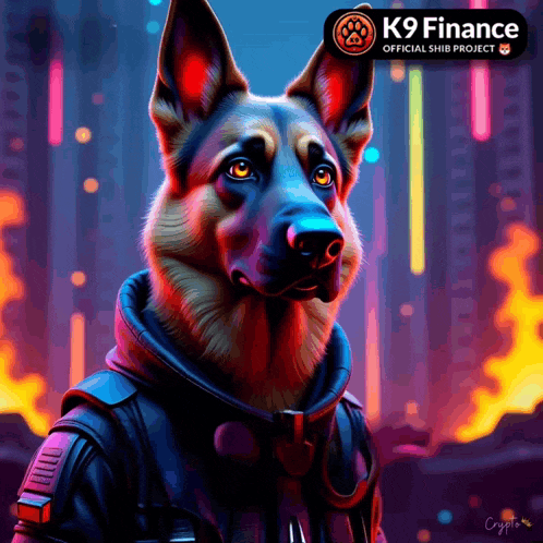 a painting of a german shepherd with the words k9 finance on the top
