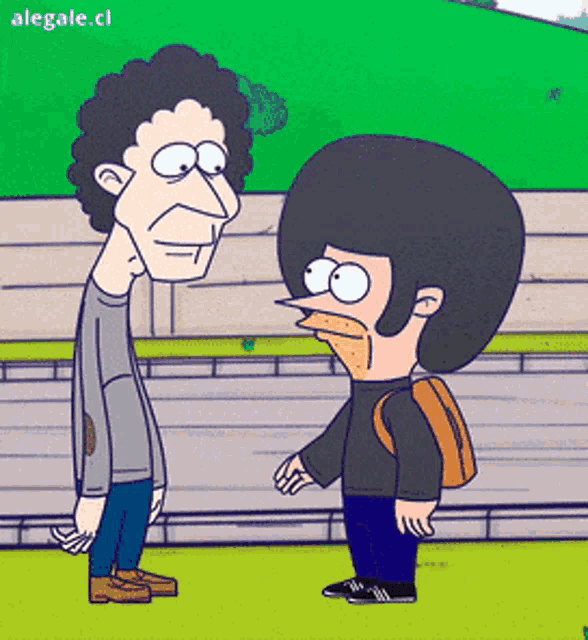 two cartoon characters are standing next to each other and the website alegale.cl is visible in the background
