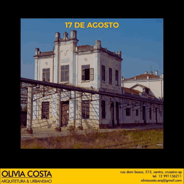an advertisement for olivia costa shows a building with the date 17 de agosto