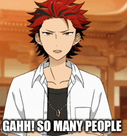 a cartoon character with red hair and the words gahh so many people