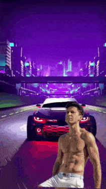 a man without a shirt is standing in front of a car
