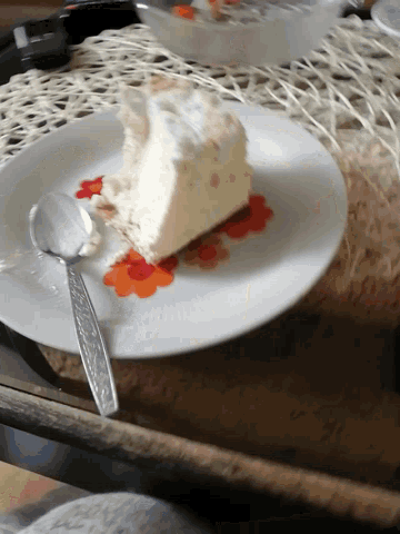 a white plate with a slice of cake on it
