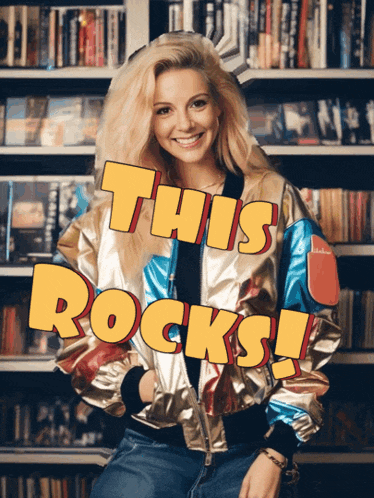 a woman wearing a jacket that says " this rocks " on it
