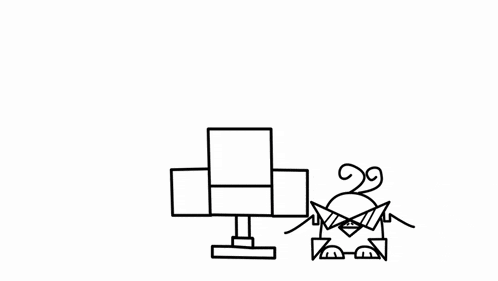 a black and white drawing of a cartoon character sitting in front of a computer .