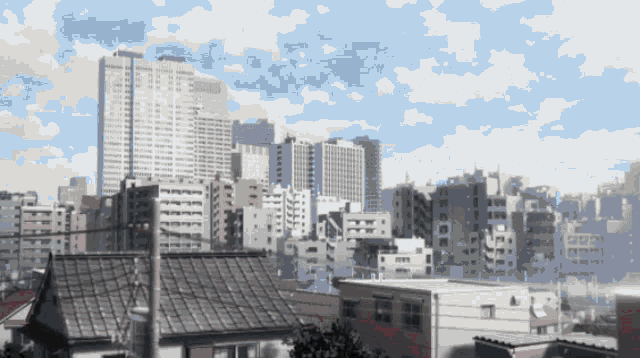 a cityscape with a blue sky and clouds