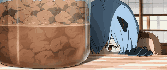 a cartoon character peeking over a table next to a jar of nuts
