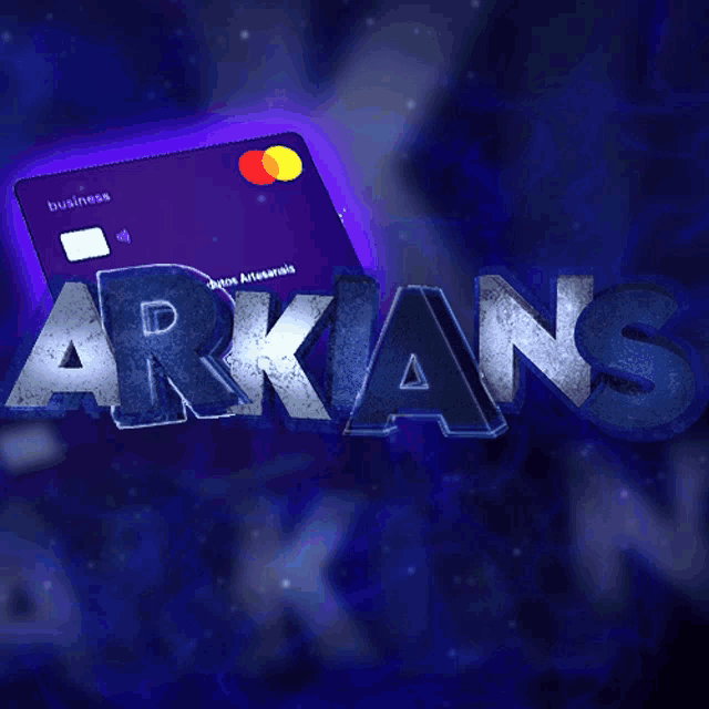 a purple business card with the word arkans written on it