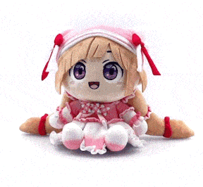 a stuffed doll is sitting on a white surface wearing a pink and white dress and hat .