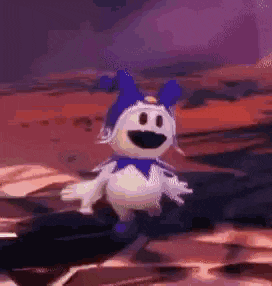 a cartoon character with a blue hat is dancing on a purple surface .