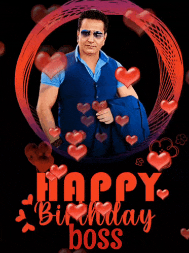 a man in a blue vest is surrounded by hearts and the words happy birthday boss