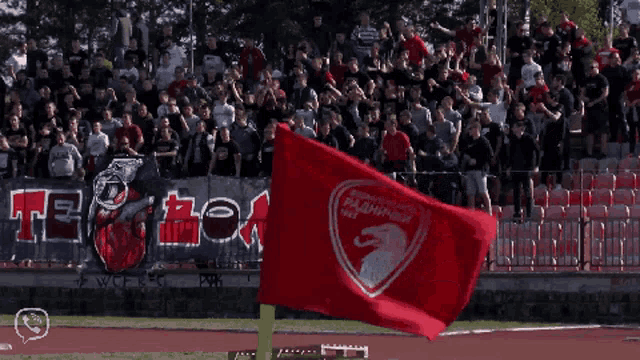 a crowd of people watching a game in a stadium with a red flag that says t3 on it
