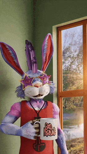 a cartoon rabbit holding a mug that says good morning