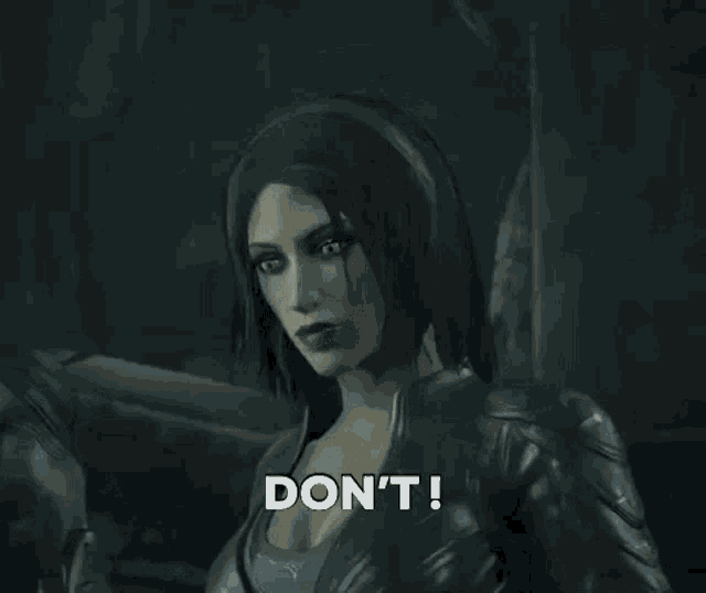 a video game character says " do n't " while looking at something
