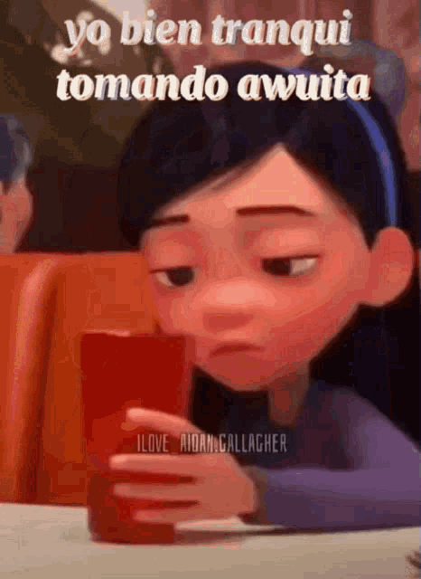 a cartoon girl sitting at a table looking at her phone