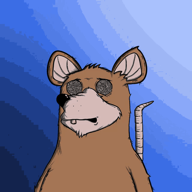 a cartoon drawing of a rat wearing sunglasses against a blue background