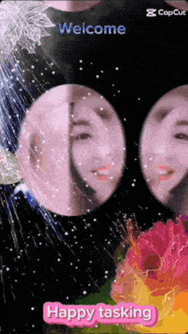 a screen that says welcome and happy tasking with two faces