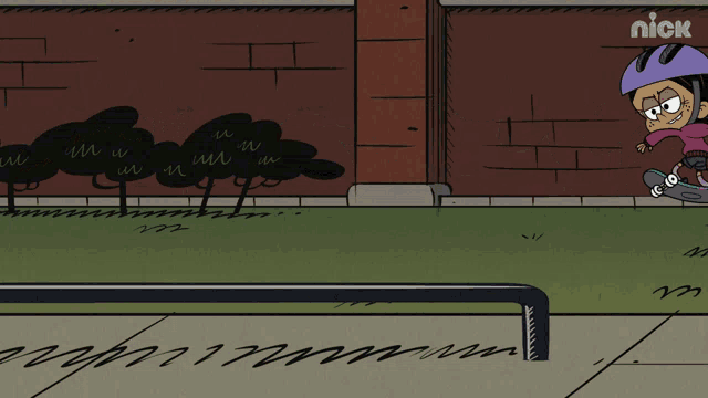 a cartoon character wearing a helmet is riding a skateboard with the nick logo behind him