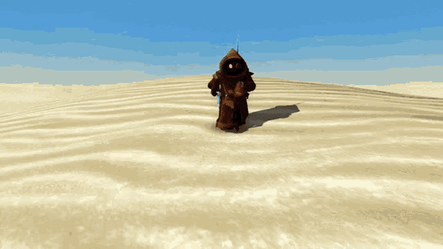 a cartoon character is standing in the middle of a sandy field