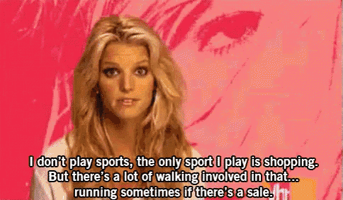 a woman is saying that she does n't play sports the only sport she plays is shopping .