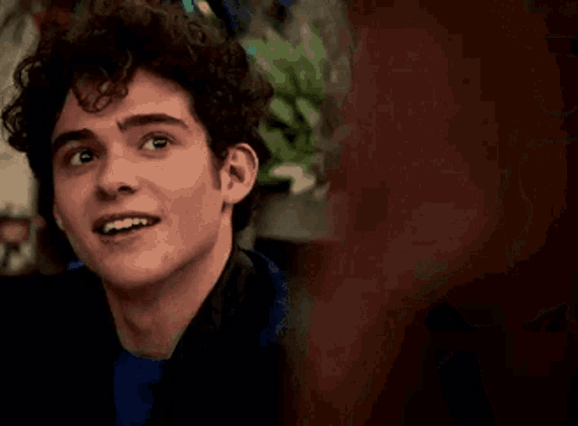 a young man with curly hair is smiling in a living room .