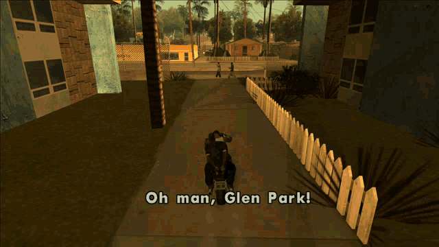 a video game scene with the words oh man glen park