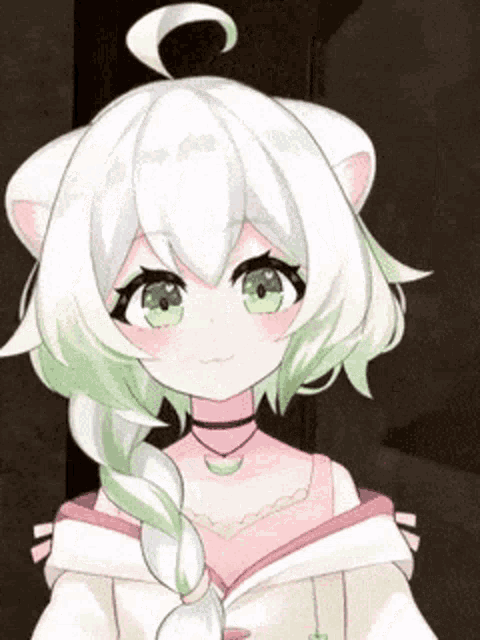 a girl with white hair and green eyes is standing in a dark room