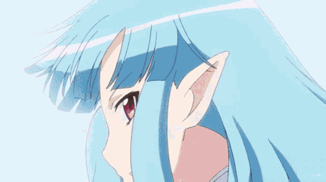 a close up of a person 's eyes with blue hair and red eyes