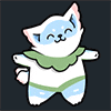 a cartoon cat with blue eyes and a green scarf around its neck is flying in the air .