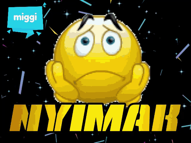 a yellow smiley face with a blue speech bubble that says miggi on it